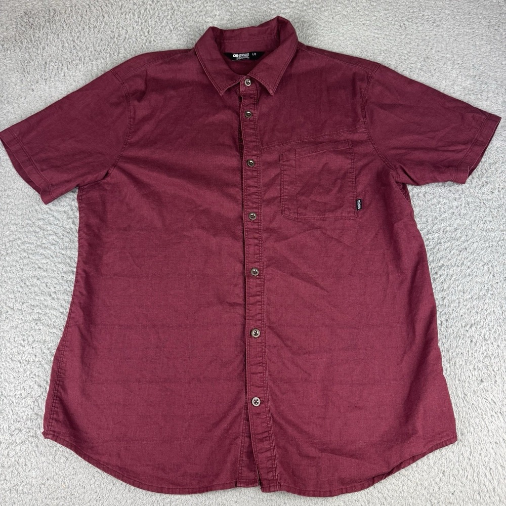 Outdoor Research Men Hemp Cotton Button Shirt Size Large Maroon Short Sleeve